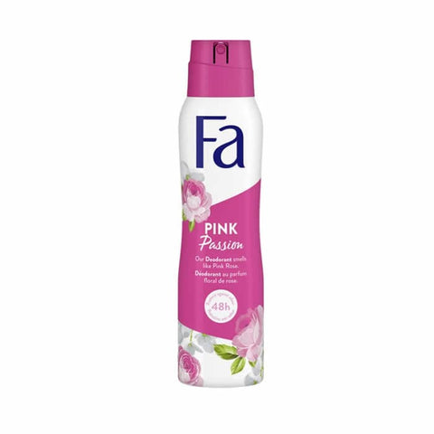 Fa Pink Passion deodorant spray by Jag Couture London - New York, 150ml bottle with pink floral design and spray nozzle.