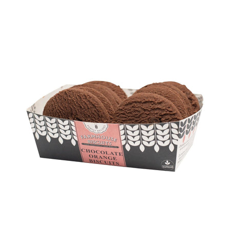 Farmhouse chocolate orange biscuits from Jag Couture London in a tray, showcasing crispy biscuits with chocolate and orange flavors.