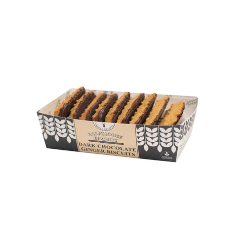 Farmhouse dark chocolate ginger biscuits in a tray by Jag Couture London - New York, VAT-free, close-up of the biscuits and tray.