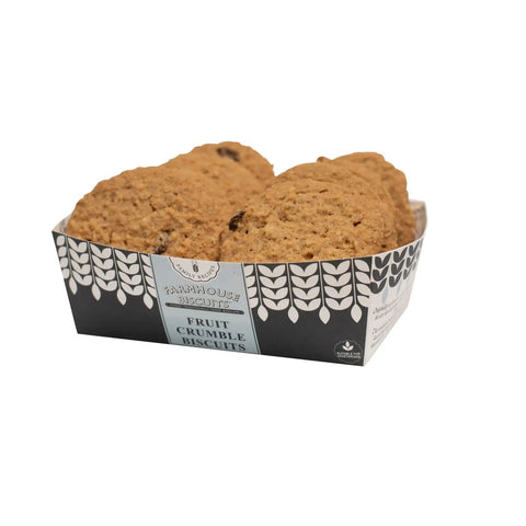 Jag Couture London New York farmhouse fruit crumble biscuits in a tray, showcasing golden-brown baked fruit crumble cookies.