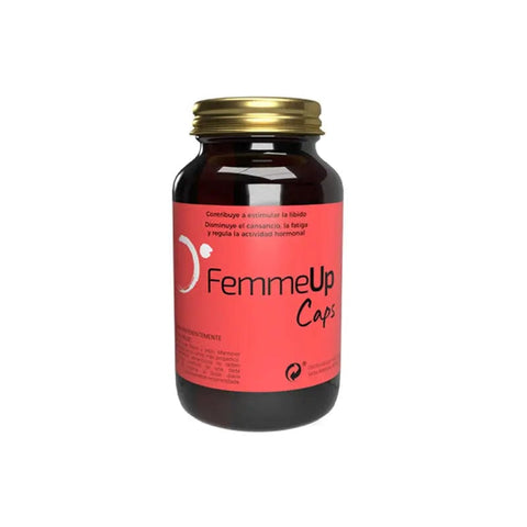 Femmeup by Jag Couture London New York, 60 capsules, close-up of the supplement bottle with label and capsules inside.