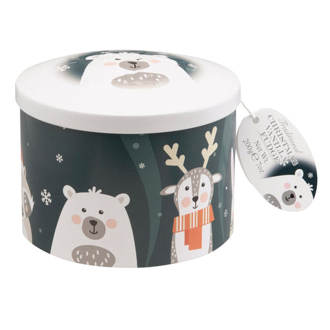 Festive Friends tin from Jag Couture London - New York with vanilla fudge, featuring colorful holiday-themed packaging.