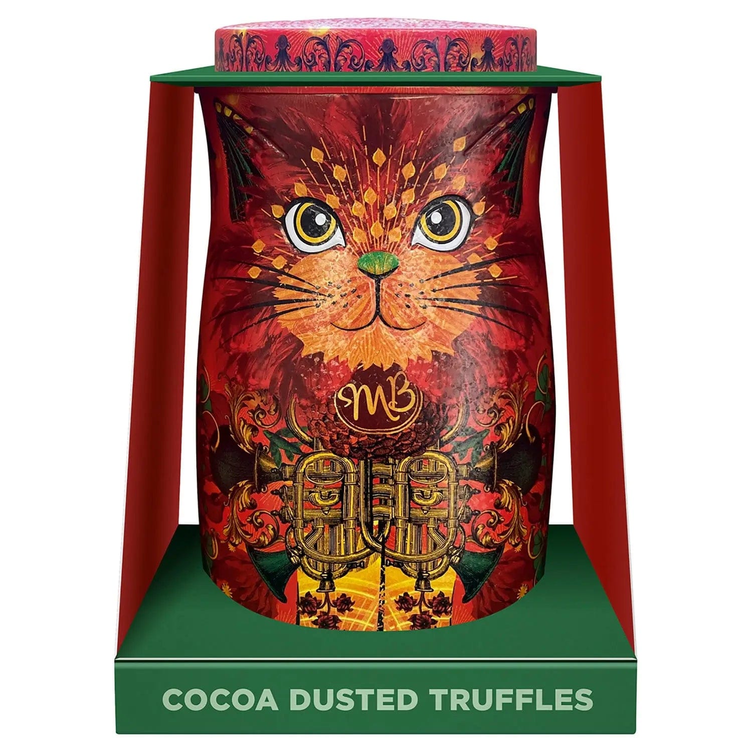 Jag Couture London - New York Fire Dancer orange cat tin of Angelical orange flavour cocoa dusted truffles