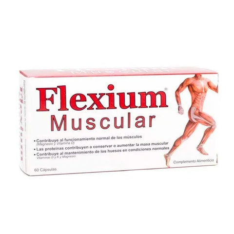 Flexium Muscular 60 capsules by Jag Couture London - New York, showing the supplement bottle with label and capsules inside.