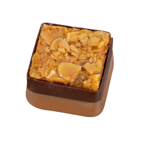 Jag Couture London Florentine hazelnut praline with Florentine top, 18g, showcasing the layered chocolate and nut treat.