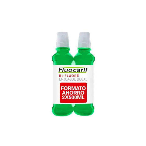 Jag Couture London New York Fluocaril Mouthwash Bi Fluore duo, 2x500ml bottles, fresh and effective mouth care product.