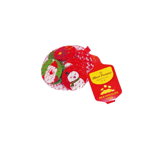 Foiled chocolate coins in nets featuring reindeer, snowman, and Santa foils, by Jag Couture London New York.