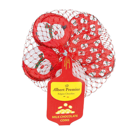 Foiled snowman chocolate coins in a net by Jag Couture London - New York, festive holiday treats with shiny silver foil.