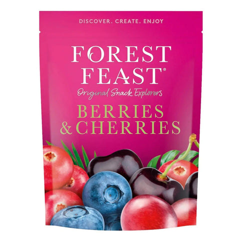 Jag Couture London Forest Feast berries and cherries in a pouch, showcasing fresh fruit for healthy snacking.
