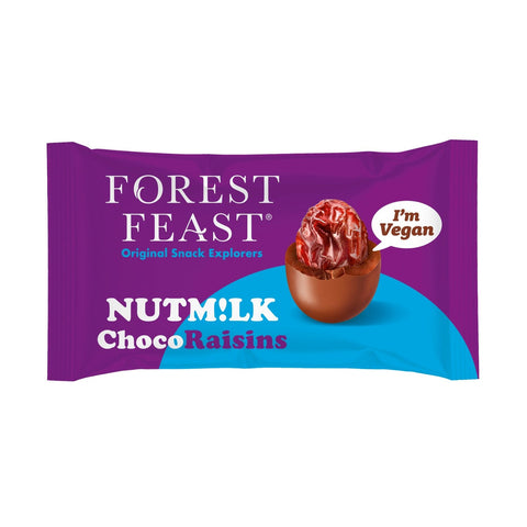 Forest Feast Nutm!lk Choco Raisins in impulse pack by Jag Couture London - New York, showing chocolate-coated raisins in a small pack.