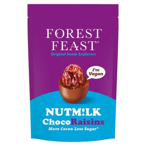Forest Feast Nutm!lk Choco Raisins in share pack by Jag Couture London, showing chocolate-covered raisins in a resealable bag.