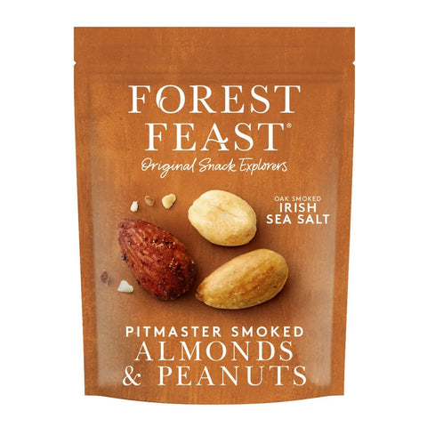 Jag Couture London New York Forest Feast Pitmaster smoked almonds and peanuts in a pouch, showcasing the snack's packaging and product inside.