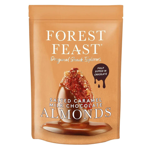 Salty caramel milk chocolate-covered almonds from Forest Feast in a pouch, by Jag Couture London New York.