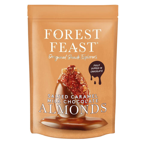 Salty caramel milk chocolate-covered almonds in a pouch by Jag Couture London - New York, with almonds and caramel coating visible.