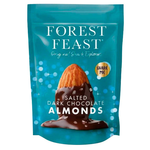 Salted dark chocolate covered almonds in a pouch by Jag Couture London - New York, featuring Forest Feast branding.