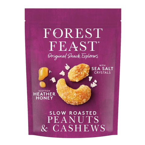 Pouch of Forest Feast slow roasted peanuts and cashews with sea salt and honey by Jag Couture London New York.