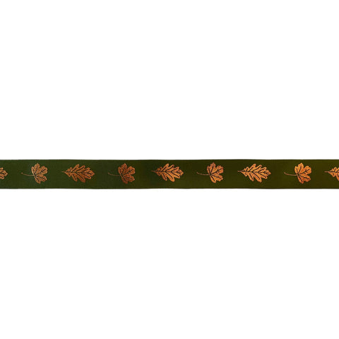 Forest green single-faced satin ribbon from Jag Couture London with bronze autumn leaves embellishments.