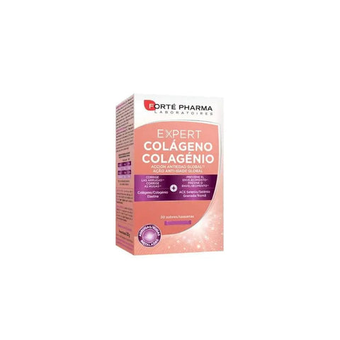 Jag Couture London New York Forté Pharma Expert Collagen 20 sachets supplement in a box with sachets visible inside.