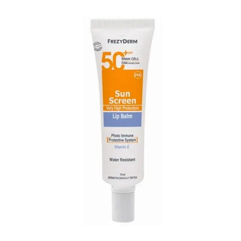 Frezyderm Sun Screen Lip Balm SPF50+ in 15ml tube, featuring protective formula for lips, branded by Jag Couture London New York.