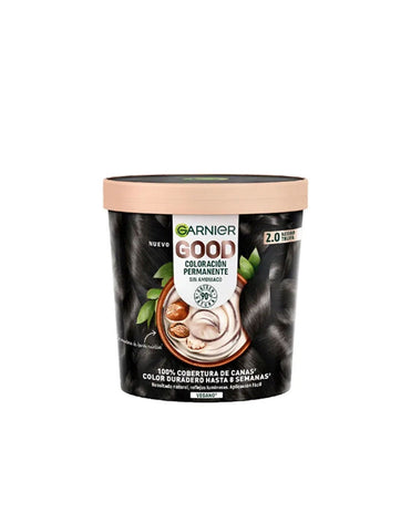 Box of Garnier Good Color Permanent Hair Dye in shade 2.0 Negro Trufa by Jag Couture London New York, showing the product packaging.