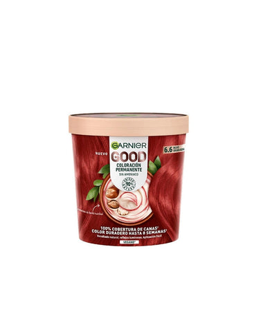 Garnier Good Coloración Permanente 6,6 Rojo Granada hair dye in a box, with branding from Jag Couture London - New York.