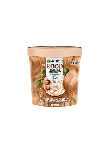 Garnier Good Coloración Permanente 7.0 Rubio Almendra hair dye in a tube, displayed by Jag Couture London - New York.