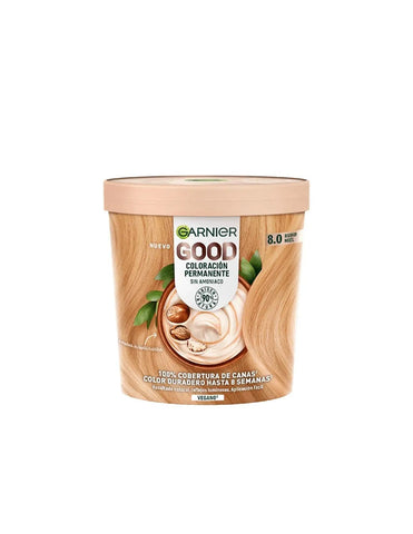 Garnier Good Coloración Permanente 8.0 Rubio Miel hair dye by Jag Couture London - New York, showing the product packaging.