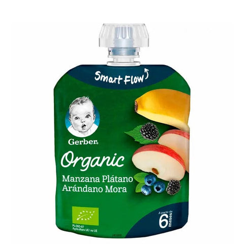 Gerber Organic apple banana blueberry and blackberry baby food jar, 90g, with fresh fruit images on the label.