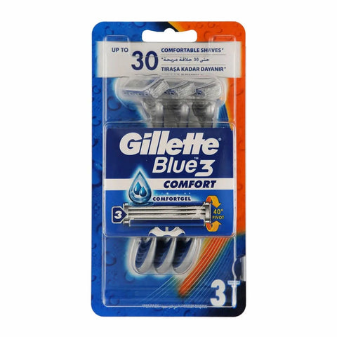 Gillette Blue 2 Comfort razor blades, pack of 3, designed for smooth shaving, by Jag Couture London New York.
