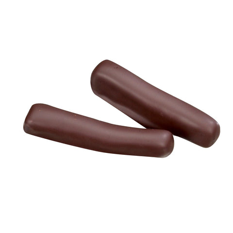 Dark chocolate enrobed ginger sticks by Jag Couture London New York, showcasing glossy coating and crispy ginger inside.