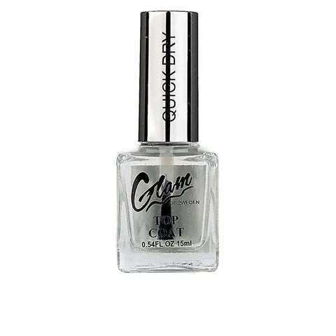 Jag Couture London-New York Glam of Sweden Top Coat 15ml bottle showing glossy finish and vibrant nail polish application.