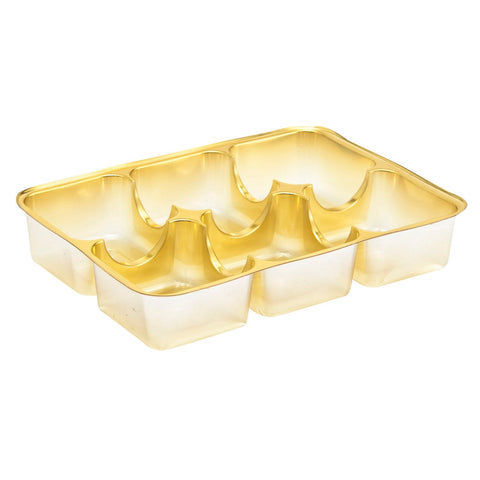 Gold 6-vac tray by Jag Couture London New York, showcasing a sleek, polished jewelry display tray with six compartments.