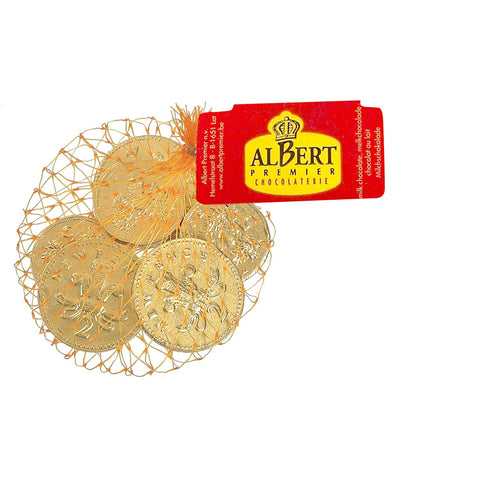 Gold foiled UK milk chocolate coins in a net, by Jag Couture London - New York, displayed in a clear, open net bag.