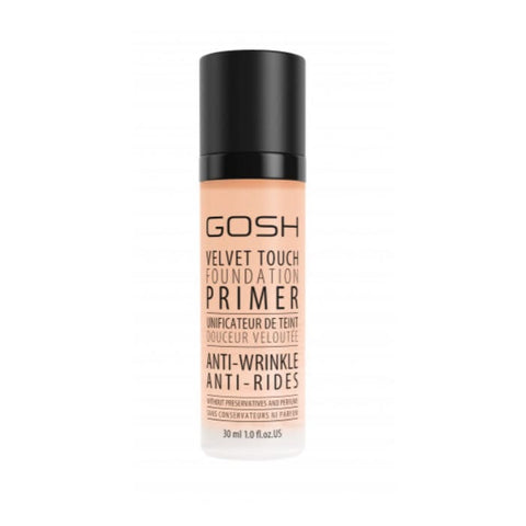 Jag Couture London Gosh Velvet Touch Foundation Primer with anti-wrinkle formula, 30ml, shown in a sleek tube with a smooth finish.