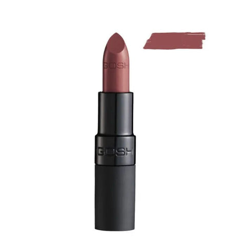 Jag Couture London Gosh Velvet Touch Lipstick 012 Matt Raisin shade, showcasing the deep purple matte lipstick in a sleek tube.