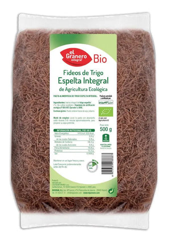 Organic whole spelt fine noodles in 500g bag from Granero Fideos by Jag Couture London New York, with visible pasta and packaging.