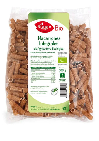 Organic whole wheat macarrones pasta from Jag Couture London New York, 500g package, showing the pasta's shape and texture.