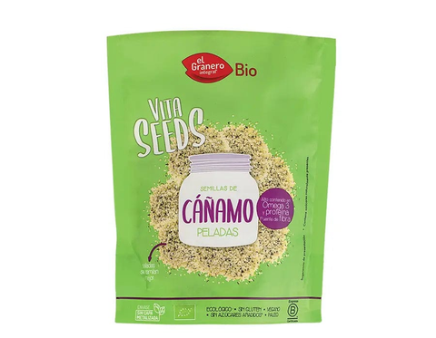 Organic peeled hemp seeds in 200g package from Granero Vitaseeds by Jag Couture London New York, shown in clear packaging.