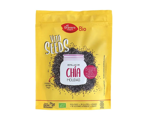 Organic ground chia seeds in a 200g jar from Granero Vitaseeds by Jag Couture London New York, displayed in a clear container.