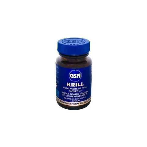 Jag Couture London New York GSN Krill 60 Perlas supplement capsules in a clear container with label, close-up view