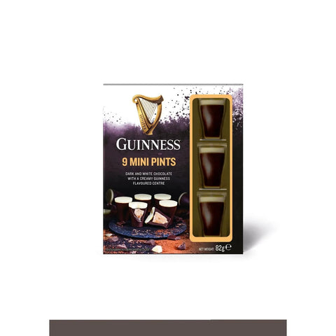 Guinness milk and white chocolate mini pints in acetate carton by Jag Couture London-New York, showing nine chocolate miniatures.