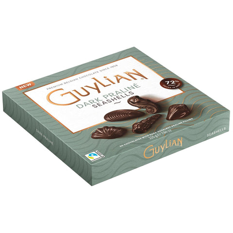 Guylian dark chocolate praline seashells in a gift box, from Jag Couture London New York, showcasing elegant seashell-shaped chocolates.