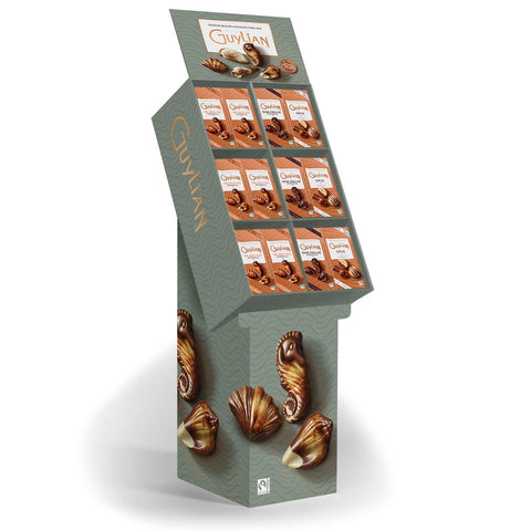 Guylian Luxe gift box floorstand with seashell chocolates, dark seashells, and Opus chocolates by Jag Couture London New York.