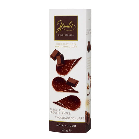 Jag Couture London - New York Hamlet dark chocolate thins in a clear box, showcasing thin, glossy dark chocolate pieces.