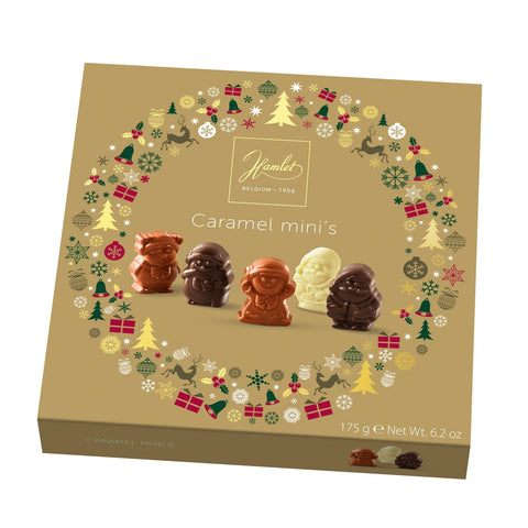 Hamlet gold carton of assorted chocolate caramel-filled Christmas figures by Jag Couture London New York, featuring festive holiday treats.