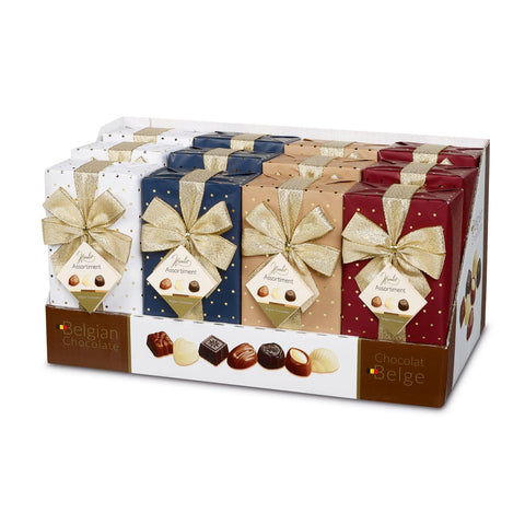 Assorted Belgian chocolates wrapped with Hamlet Image design ballotins by Jag Couture London New York, showcasing elegant packaging.