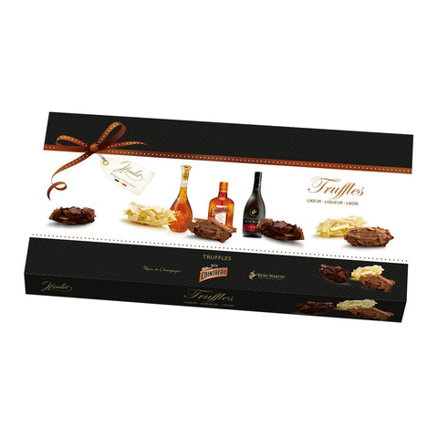 Hamlet liqueur-flavored truffles gift box by Jag Couture London, featuring Marc de Champagne, Cointreau, and Remy Martin flavors.