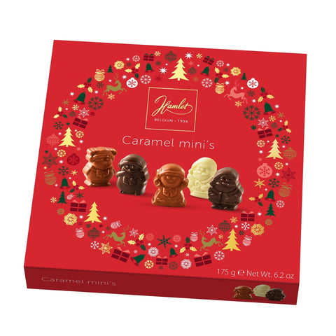 Hamlet red carton of assorted chocolate caramel-filled Christmas figures by Jag Couture London – festive holiday sweets.
