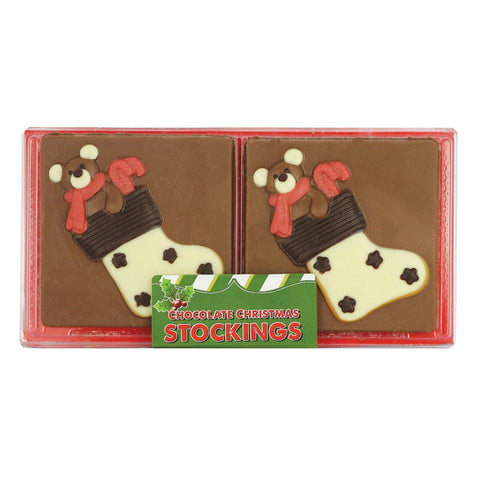 Hand-decorated chocolate Christmas teddy stocking by Jag Couture London in clear acetate pack, ideal for holiday gift decor.