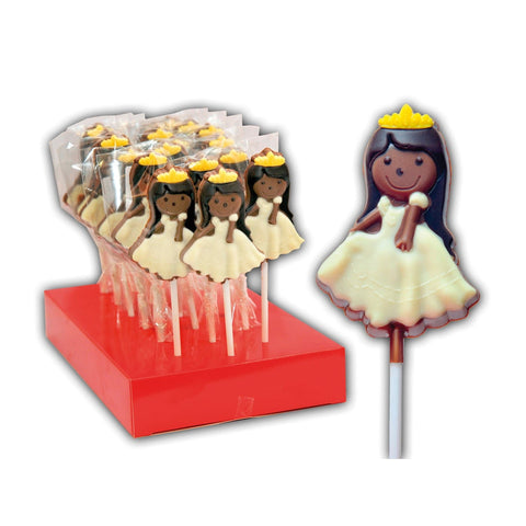 Hand-decorated chocolate princess lollipops displayed on a tray, crafted by Jag Couture London - New York, with colorful royal designs.